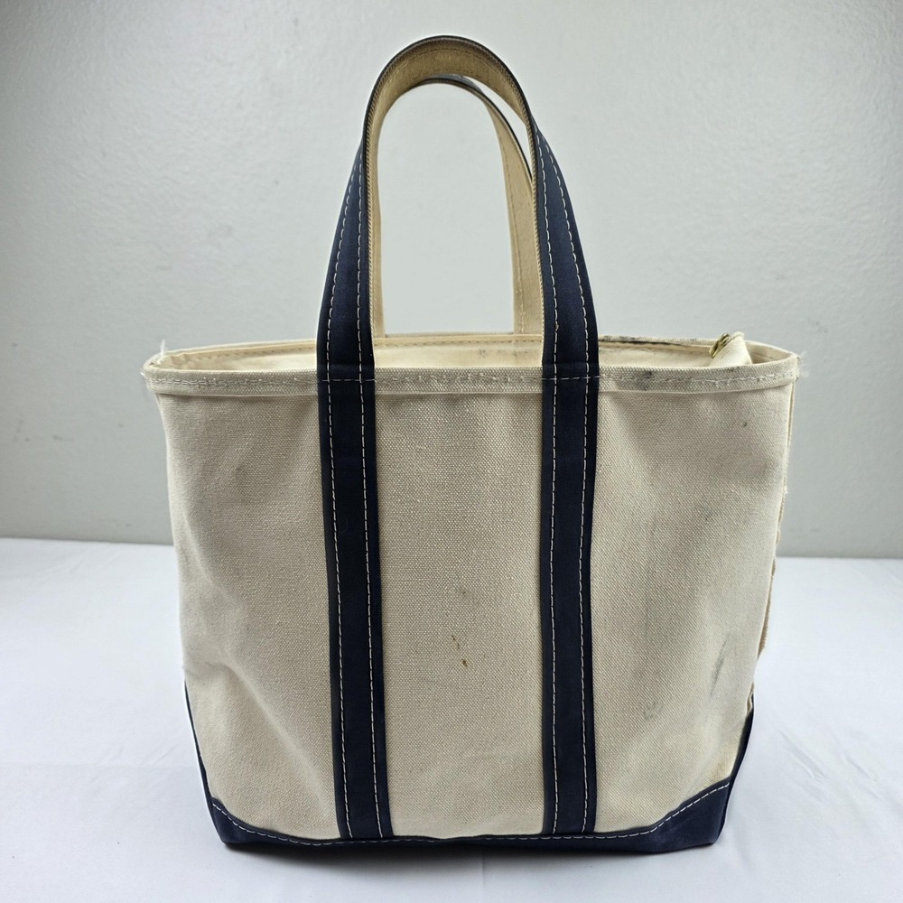 L.L. Bean Boat And Tote Bag Womens Small Beige Blue Canvas Zip Top Beach Casual - Picture 3 of 14